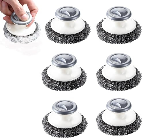 6 Pcs Stainless Steel Pan Cleaner, Metal Scourers with Handle, Stainless Steel Scourer for Cleaner Variety of Surfaces Pots Pans Grills Sink for Kitchen