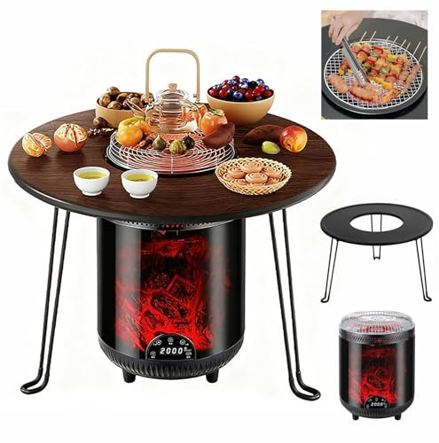 Chauffage électrique pour barbecue d'intérieur, 2000 W, chauffage à 360 °, 8 modes, minuterie de 12 heures, chauffage avec barbecue et table, convient pour le salon, la chambre et la salle de bain