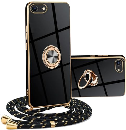 Handykette für iPhone 7 / iPhone 8 / SE 3/2 (2022/2020) Hülle mit Band | Galvanik Stoßfeste Silikon Handyhülle mit Ständer, Dünn Anti-Kratzt Case mit Kette Kordel Schutzhülle, Schwarz Gold