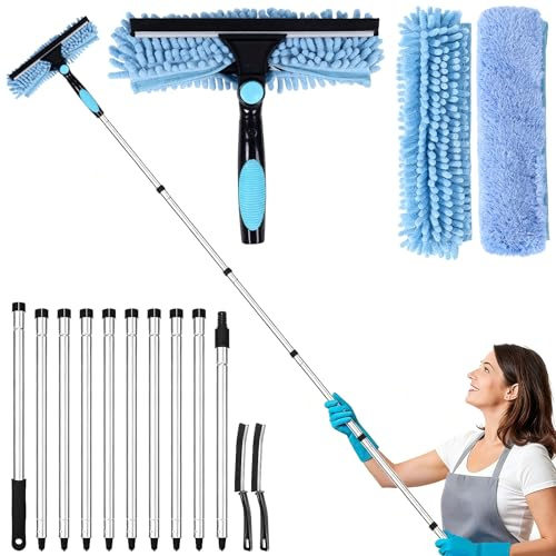 Window Cleaning Kit (4.3 m Long Reach), 2-in-1 Window Squeegee with 10 Stainless Steel Extension Poles, Microfibre Cloths & Crevice Brushes for High Windows & Cars
