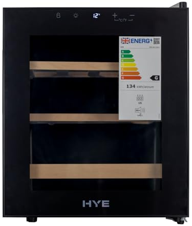 HYE Wine Cooler - 15 Bottle/46L Storage, Wooden Shelves, Black | 43CM Width, LED Top Lighting, Temperature Range Adjustment, 40 dB Operation, Perfect For Kitchens & Home Bars