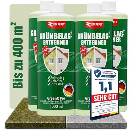 GreenX Pro Grünbelagentferner Konzentrat 4er Pack (4 × 1 L), selbsttätig gegen Grünbelag, Algen & Pilze ohne Schrubben – für Terrasse, Fassade, Dachziegel und Stein – chlor & säurefrei