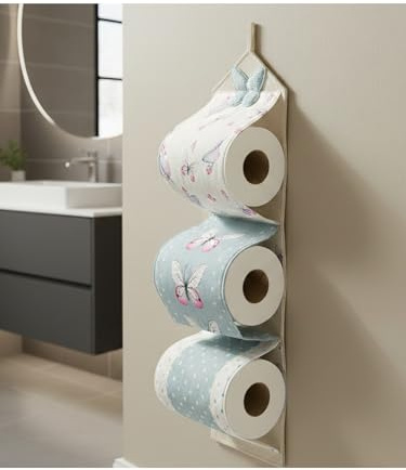 Porte-rouleau papier toilette mural en polyester avec crochet et décorations appliquées, 3 compartiments (Dis 5)