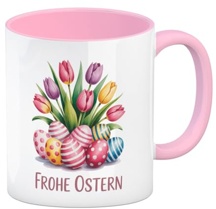 speecheese Kaffeebecher in schwarz Tulpen und Ostereier Frohe Ostern rosa | mit lustigem Spruch für Büro & Zuhause