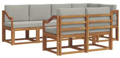 vidaXL Outdoor-Sofagarnitur mit Kissen 7 pcs Natürlich und Hellgrau, Garten Lounge Set, modernes Outdoor-Sofa, Bequeme Gartenmöbel, massives Holz-Sofa, vielseitige Garten-Couch