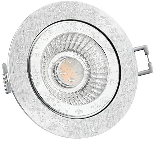 LED Einbaustrahler flach (40mm) dimmbar - RW-2 Einbauleuchte rund Alu gebürstet IP44 mit 6W LED Modul warmweiß 2700K für 230V ohne Trafo