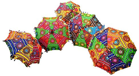 GANESHAM HANDICRAFTS - Bordado decorativo indio de algodón decorativo hecho a mano con espejo, protección UV, paraguas bohemio, sombrilla bohemia para boda, sombrilla de playa, 5 piezas, Color Multi