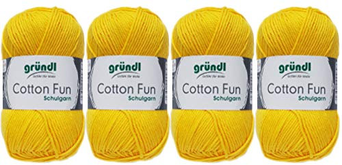Gründl 4x50 Gramm Cotton Fun Woll Set SB Pack inkl. Anleitung für EIN Einkaufsnetz, Einkaufstasche mit Häkelnadel (04 Gelb)