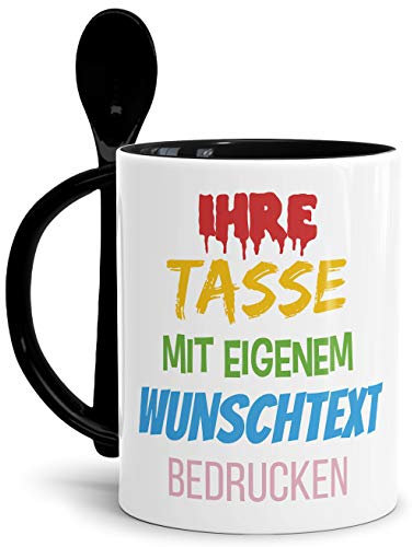 Tasse selbst gestalten/mit eigenem Text beschriften/Wunsch-Name/Spruch-Tasse/Löffeltasse Schwarz/Motiv für Linkshänder sichtbar