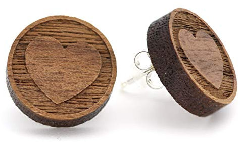 NaturSchatulle Holzohrringe Herz Gravur 15mm Holzschmuck Holz Ohrringe 925 Sterling Silber I natürliche Ohrschmuck Ohrstecker Damen