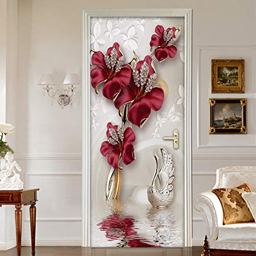 EKSDG 3D Türaufkleber Für Innentüren, Kunstrelief Der Roten Blume 77X200Cm Türtapete Selbstklebend Wasserdicht Pvc Türposter Fototapete Wandbild Für Tür Wohnzimmer Schlafzimmer Bad Und Küche