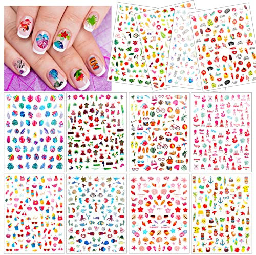HOWAF 1100+ Summer 3D Nail Art Stickers for Women Girls Hawaiian Beach Nail Manicure Decals, Palm Hibiscus Flowers False Nail Sticker Nail Tip Wraps for Body Art Makeup Decoration Accessories
