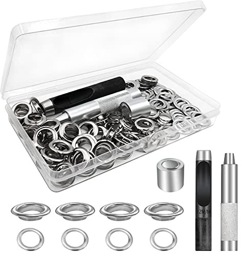 Trousse à œillets Outils, Ensembles Oeillets 100 Set, Oeillets pour baches, Kit de Grommets Eyelets, pour Toile Bâche Tente de Réparation Argent
