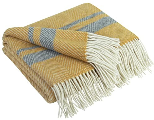 LYHome Merino Decke - Kuscheldecke Tagesdecke Sofa Wolldecke, Blanket Überwurfdecke Sofadecke Wohndecke, Flauschige Couchdecke Merinodecke, Flauschig Warm Plaid 140x200 cm, Senf - Grau - Weiß Streifen