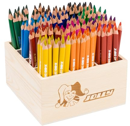JOLLY Classpack - Wood,X-Big Delta, Basic colours, Holzbox mit 144 Farbstiften, 12 Grundfarben, Bruchfest und Ungiftig, extra-dicke Mine, ergonomische Dreikantform, Ideal für Schule und Kindergarten