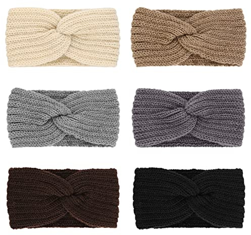DRESHOW 6 Pieces Women Warm Knitted Headband Winter Ear Warmer Crochet Head Wraps Thick Cable Headband