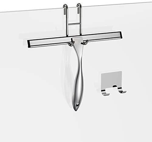 Shower Squeegee and Window Squeegee, Stainless Steel, 100% Streak-Free, Cleaner for Bathroom Showers Glass Doors, Home Mirrors, Car Windows Wiper, Adhesive Holder, Shower Door Hook, 10 Inch, Silver