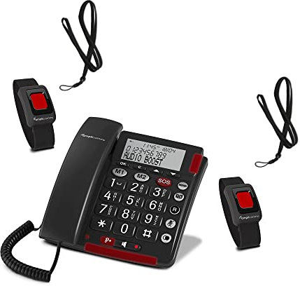 Telefono Anziani Telesoccorso TeleSalvalaVita TeleAllarme SalvaVita con 2 Pulsanti SOS Impermeabili (Bracciale Polso - Telecomando Collo) Volume Amplificato 40 dB Suoneria 90 dB Tasti Grandi Parlanti