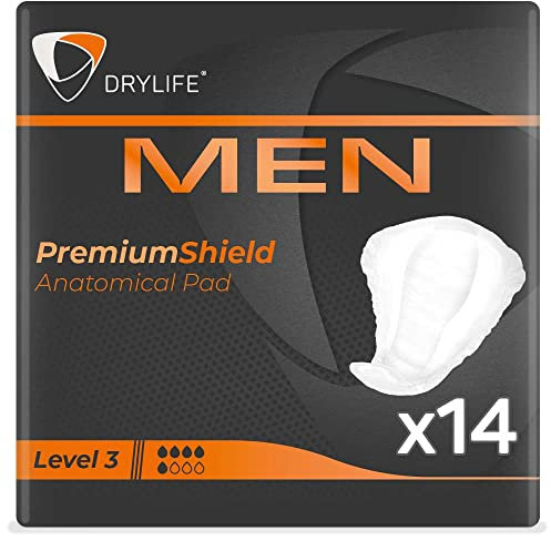 Drylife Men Level 3 Premium Shield Protections Absorbantes Incontinence Homme | Protection pour Fuites Urinaires, Design Masculin Discreet et Contrôle Actif des Odeurs (1 Lot de 14)