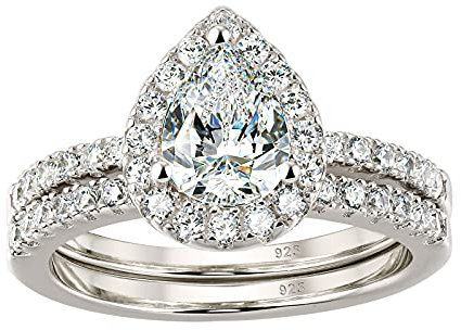 SweetJew Pear Shaped Elegant Womens Wedding Rings Bridal Set 925 Sterling Silver AAAAA CZ Size P