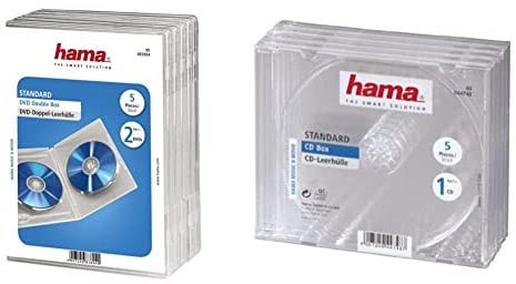 Hama 83894 Standard Double DVD Jewel Case, pack of 5 - White/Transparent & 5 Jewel CD Cases (pack of 5), Protective CD Sleeves, Transparent