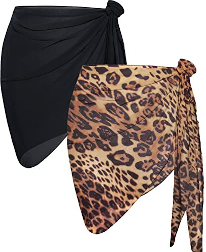 AVAYUU 2 Stück Damen Strand Wrap Sarong Vertuschung Chiffon Badeanzug Kurz Bikini Cover up Wickelröcke Leopard Blätter Kokospalme Sexy Pareos Strandtuch Strandkleid Tücher Sommer L-XXL