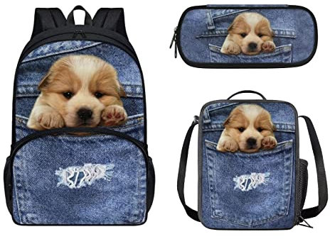 Belidome 3 Stück Kinder Schulrucksack Büchertasche + Lunchtasche + Federmäppchen, Teddybär, Einheitsgröße, Kinderrucksack