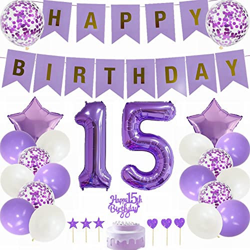 Yunchu Online 15. Geburtstag Dekoration Mädchen - Lila Tortendeko, White Party Deko für Junge und Mädchen - Geschenk 15 Jahre Ballon Set