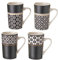 LOLAhome Juego de 4 tazas mug grandes para desayuno blancas y negras con dibujos geométricos de flores de cerámica de 370 ml