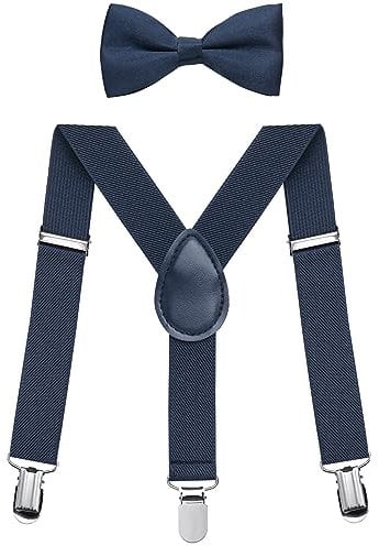 NANXJIUR Kinder Hosenträger Fliege Sets, Jungen Hosenträger Fliege Elastischer Y Gestalten Form mit Stark Clips Verstellbare Hosenträgers Sets für Jungen und Mädchen(Marineblau)