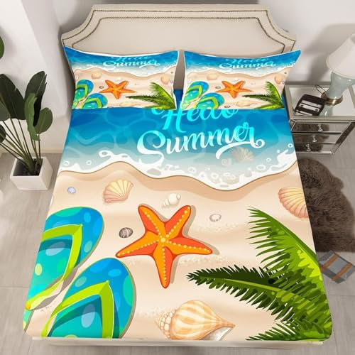 3D Hawaii-Strand Spannbettlaken 120x200cm, Hawaii-Strand Mikrofaser Bettlaken für Kinder Erwachsene, Boxspringbett Spannbetttuch bis 30 cm Matratzenhöhe, Bettlaken 120x200cm mit 1 x Kissenbezügen