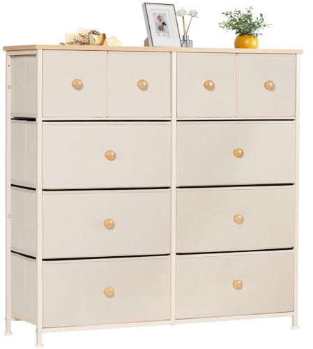 LYNCOHOME Kommode mit Schubladen aus Stoff, Sideboard mit 10 Stoffschubladen, Schubladenschrank Ordnungsmöbel für Küche Büro Flur, TV Schrank mit Schubladen