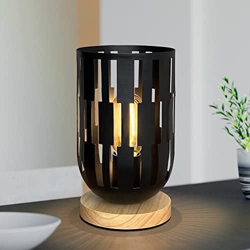 HHMTAKA Metal Bedside Table Lamp Wooden Base Black Lamp 22cm High Decorative Bedside Lamp with Edison Bulb for Bedroom Living Room Guest Room Weddings Parties Patio (Black)