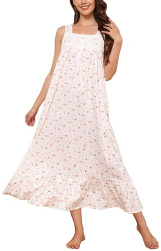 Rubehoow Chemise de nuit sans manches pour femme - Robe de nuit longue en coton boutonné - Vêtement de nuit doux pour femme avec poches, Sans manches - Rose vintage, XL