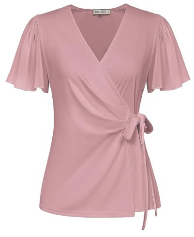 GRACE KARIN Camicia da Donna con Scollo a Incrocio, Monocromatica, Leggera, da Estate, in Chiffon, a Maniche Corte, Classica da Lavoro e Ufficio, Colore Rosa, Taglia XXL