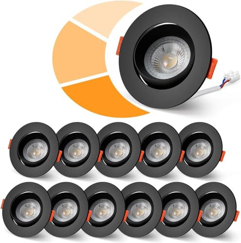 wowatt 12 x Spot LED Encastrable Noir Dimmable, Spots Encastrés Blanc Chaud 3000K, 5W 480LM Equivalent 50W Halogène, Spot de Plafond 68mm Orientable, Plafonnier Spot 220V Extra Plat Rond Pour Cuisine