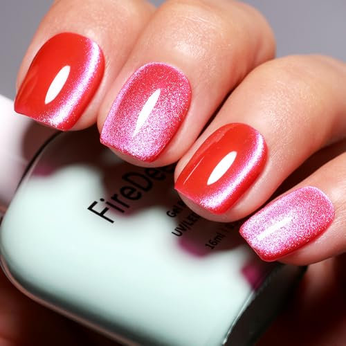 Firedeep Hot Pink Cat Eye Gel Nail Polish 16ml Hot Rose Pink Gel Polish Holographic Glitter UV/LED Gel Polish with Magnetic Stick