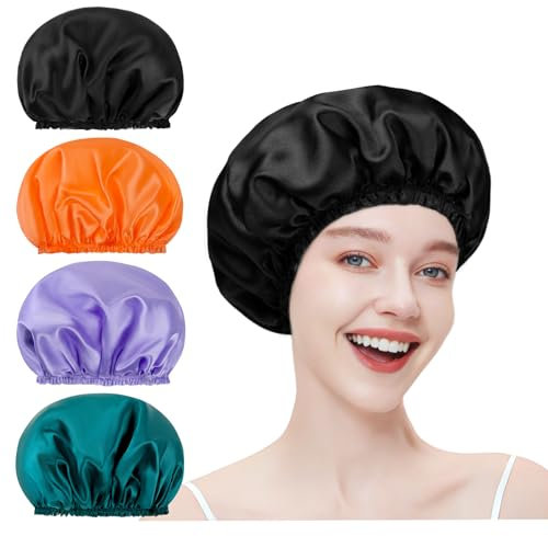 Shower Caps for Women, 4 PCS Double Waterproof Layers Shower Cap, Bath Shower Caps - Black Orange Green Purple