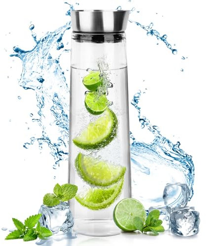 1.5 L Carafe en verre,Bouteille en verre avec couvercle et verseur en acier inoxydable,bouilloire résistante à la chaleur, pour eau chaude/froide, vin, thé glacé et boissons à base de jus