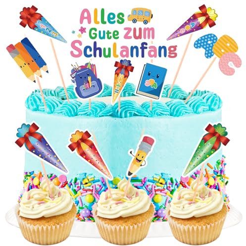Schulanfang Tortendeko, 12 Stück Schuleinführung Tortenstecker, Einschulung Kuchendeko, Schulanfang Kuchendeko, Tortendeko Einschulung, Für Mädchen und Junge Schulanfang Party Deko