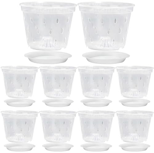 Mifeiwukawa Set di 10 vasi da fiori per orchidee, 12,5 cm, in plastica trasparente, con fori e piattini, traspiranti, scanalati, trasparenti, per orchidee, piante grasse, piante d'appartamento piccoli