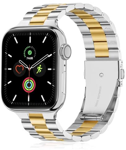 QAZNZ Metall Kompatibel mit Apple Watch Armband 40mm 41mm 38mm 42mm(Series 10), Damen Herren Edelstahl iWatch Bands für Apple Watch Ultra 2/Ultra SE, iwatch Series 10 9 8 7 6 5 4 3 2 1(Silber&Gold)