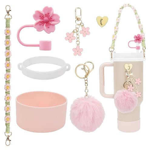 Stanley Cup Accessories Set, 7PCS Stanley Cup Decor Includes Stanley Straw Cover, Water Bottle Handle Strap, Silicone Stanley Cup Boot, Stanley Charms for Stanley Cup 40oz & 30 oz Tumbler (Pink)