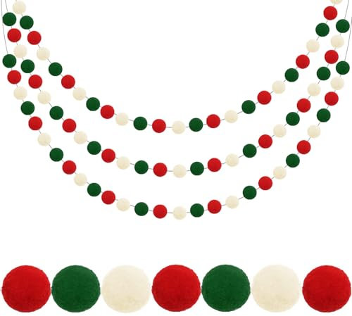 3 Stück Pompom Girlanden, 2M Filzkugeln Girlanden, Pompom Girlande Filz, Pompom Girlande Filzkugeln mit 90 Stück Bälle, Filz Kugel Girlanden für Wand Kinderzimmer Christbaum Schmuck