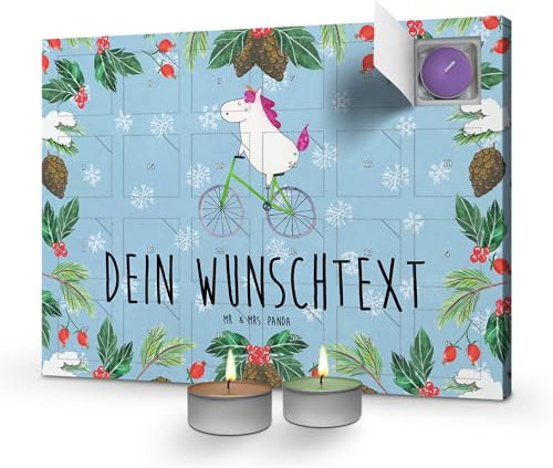 Mr. & Mrs. Panda Personalisierter Duftkerzen Adventskalender Einhorn Radfahrer - Personalisierte Geschenke, Liebeskummer, Einhörner, Luxusproblem,