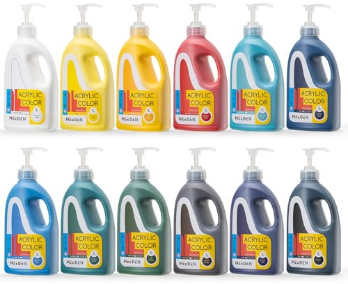MEEDEN Bulk Acrylic Paint Set: 12 Colors 1 L /33.8 oz Large Acrylic Paint with Pump Lid - Soft Body Art Paints for Canvas, Studio, School, Wall & Poured Paintings