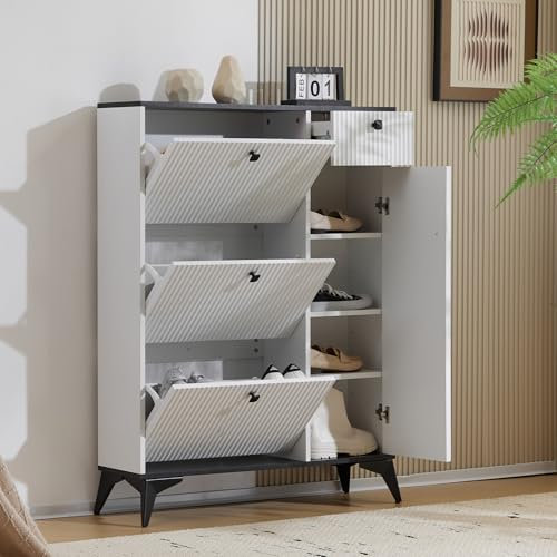 KAZZIO Schuhschrank mit 3 Klappen, 1 Schublade und 1 Tür, Schuhregal, Schuhkipper schmal, Schuhschrank weiß. Maße: H121cm/B90cm/T25cm (Weiß+Schwarz)