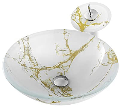 SaryEdge Vasque à Poser en Verre trempé Artistique pour Salle de Bain Vasque à Poser Ronde Vasque à Poser avec Robinet à Cascade et vidage escamotable(Jaune-Vert