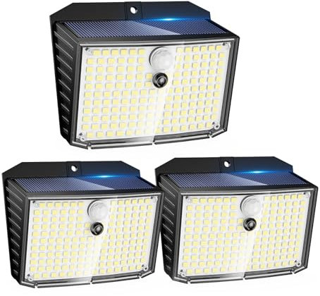 Solarlampen für Außen mit Bewegungsmelder, 3 Stück 158 LED Solarleuchten Solar Strahler Aussenleuchte Wandleuchte, IP65 Wasserdichte Außenbeleuchtung Solar 3 Modi für Garten Patio Hof Garage Haustür