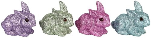 Generisch 4er Set Hasen hockend klein geglittert metallicfarben pink grün türkis lila Osterhase Hase Figur Deko Frühling Ostern Tischdeko, 6 cm hoch